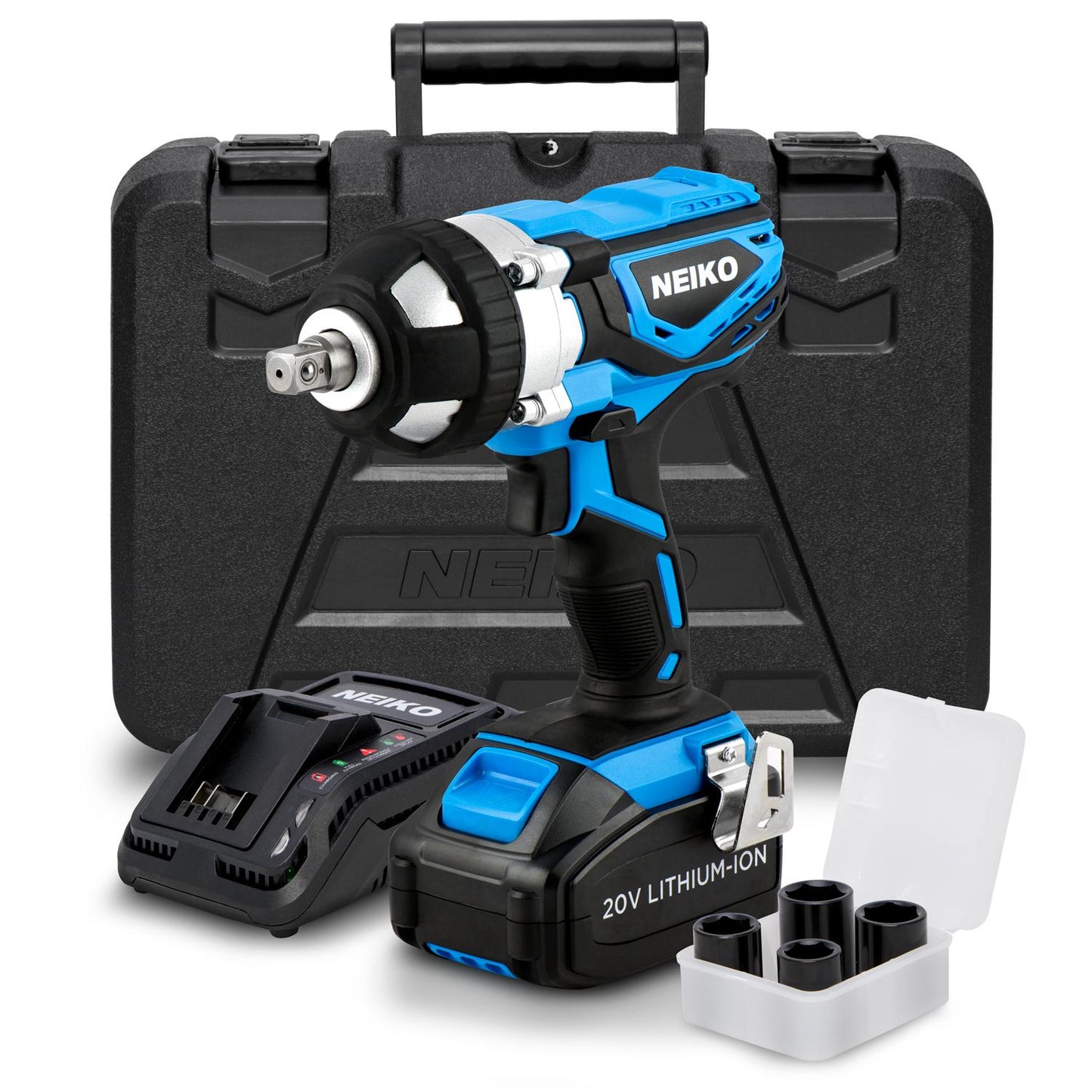 Neiko 20V 295 Ft/Lb 1/2" Cordless Impact Wrench | Socket Adapters Li-Ion Battery