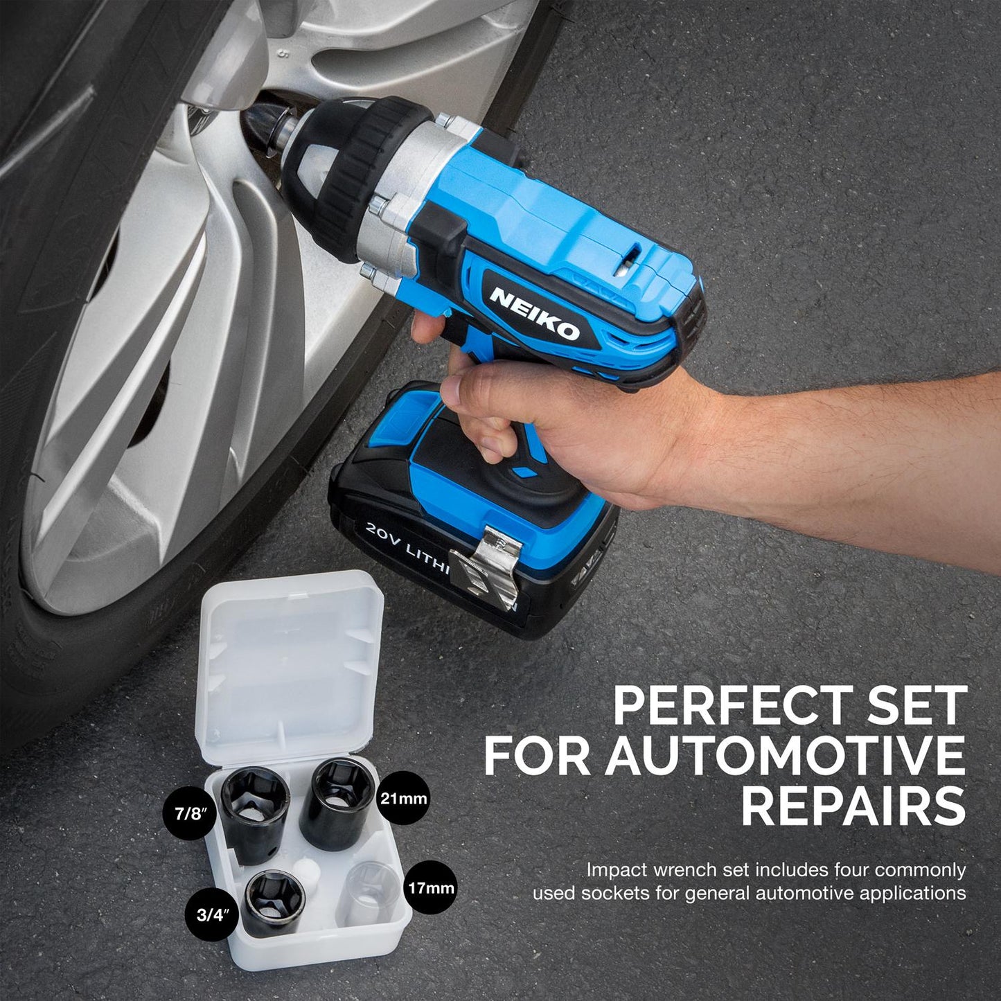 Neiko 20V 295 Ft/Lb 1/2" Cordless Impact Wrench | Socket Adapters Li-Ion Battery