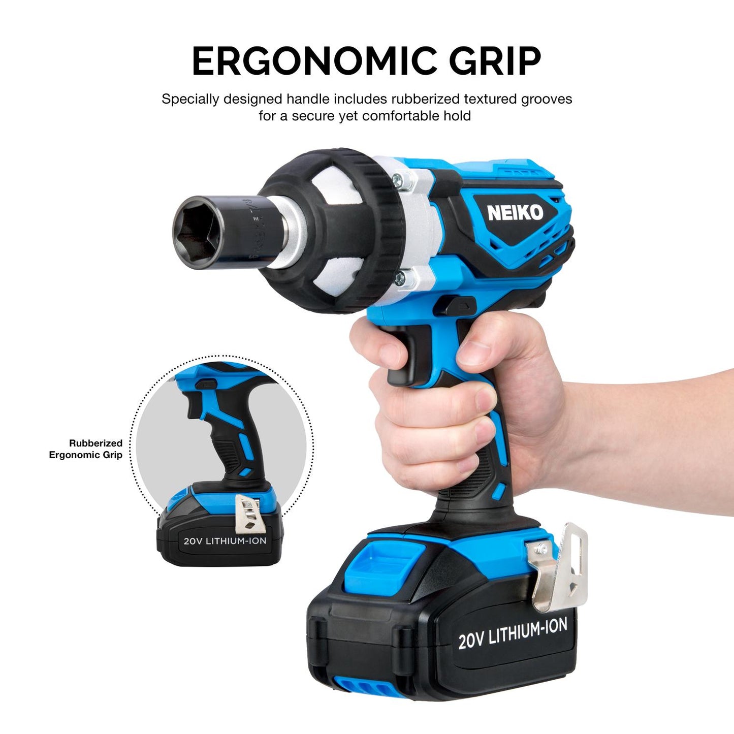 Neiko 20V 295 Ft/Lb 1/2" Cordless Impact Wrench | Socket Adapters Li-Ion Battery