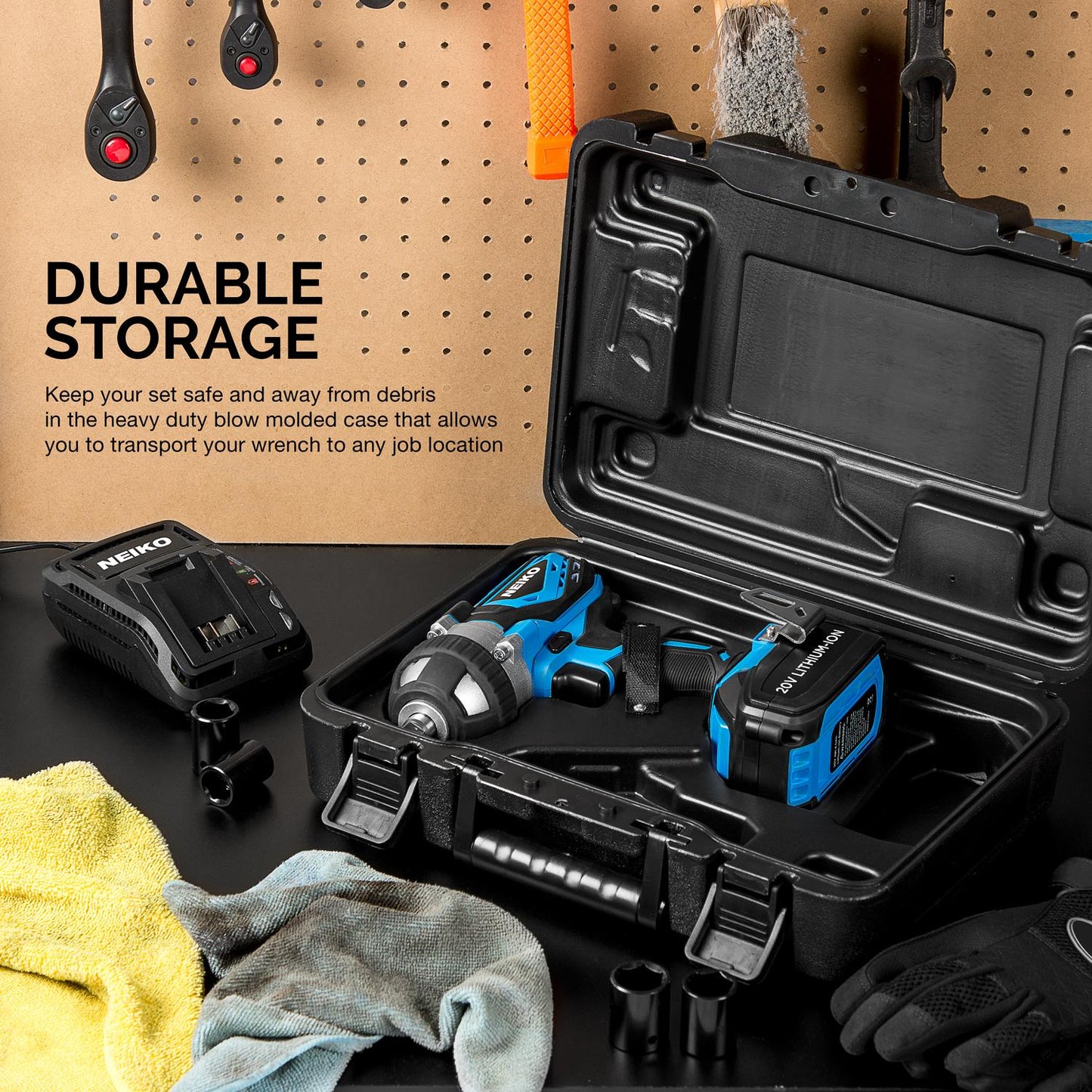 Neiko 20V 295 Ft/Lb 1/2" Cordless Impact Wrench | Socket Adapters Li-Ion Battery