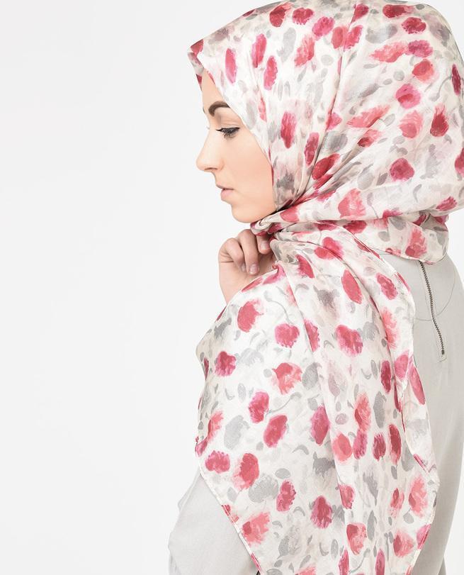 Floral Pink Beige Silk Chiffon Hijab