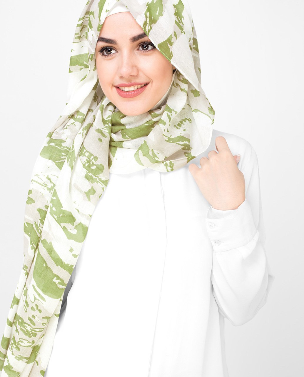 Olive and White Printed Viscose Hijab