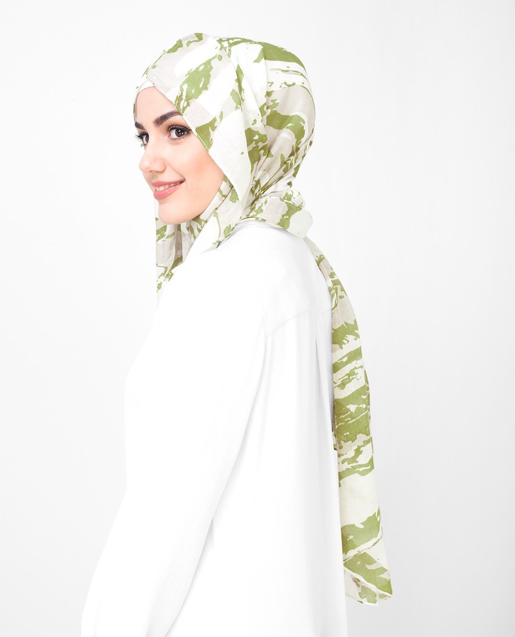 Olive and White Printed Viscose Hijab