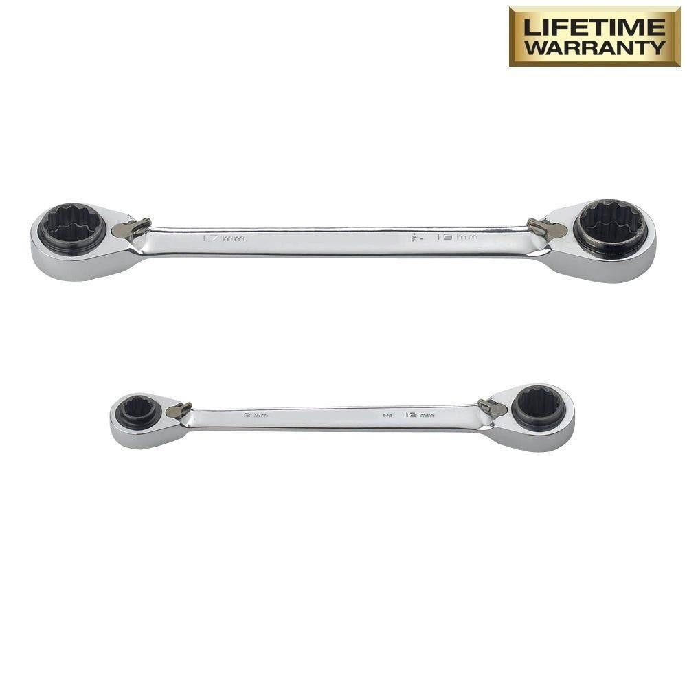Husky 4-in1 Reversible Ratcheting Wrench Set 2 Pack Metric Quad Drive Hand Tool