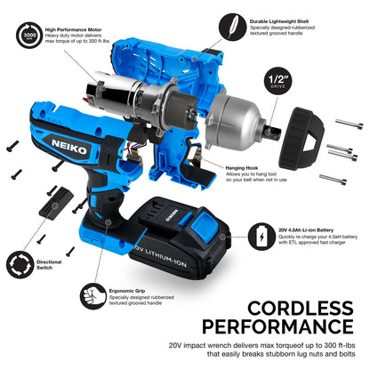 Neiko 20V 295 Ft/Lb 1/2" Cordless Impact Wrench | Socket Adapters Li-Ion Battery