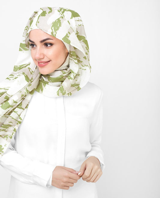 Olive and White Printed Viscose Hijab