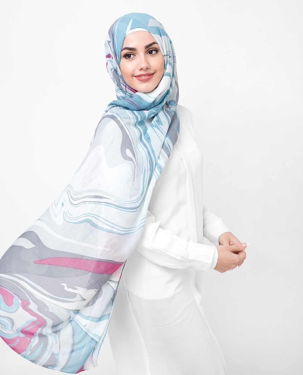 Serene White Milky Blue Printed Viscose Hijab